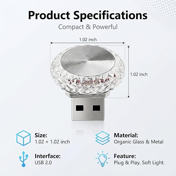 Car Interior USB LED Atmosphere Lamp, Car Crystal Mini Decoration Night Light, Plug-in USB Ambient Lights, Universal for Most Cars (Blue) - Image 2