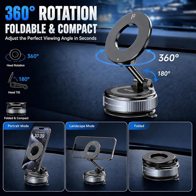 MUSEL Magnetic Car Phone Holder for MagSafe, Nanogel Mount for iPhone 17-12 | Direct nano gel mount, 88 lb magnetic force, 22 N55 magnets, 360 degree rotation, no bottom plate, ring included, dash mounts - Image 5