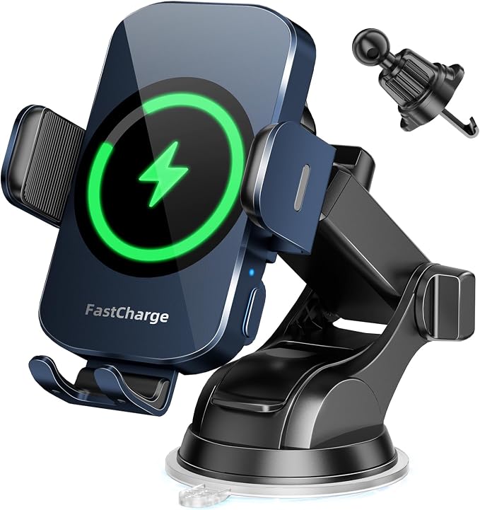 3-in-1 Wireless Car Charger Mount, 15W Fast Charging Auto-Clamping Phone Holder for iPhone 17 16 15 14, Samsung Galaxy S24 S23, Dashboard, Vent & Windshield Car Mount(Deep Blue) by BothLin
