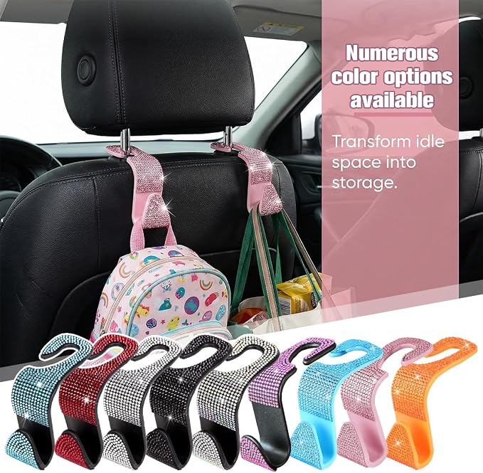 4PCS Bling Car Seat Headrest Hook, Crystal Rhinestone Backseat Hanger Organizer for Purse Handbag Umbrella, Shiny Auto Interior Seat Back Storage Holder Hook, Universal Fit (White) - Image 4