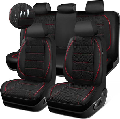 CAR PASS Mesh Leather Car Seat Covers Full Set,Breathable Mesh Faux Leather Seat Covers for Car, Universal Fit for SUV Truck Sedan Automotive, Airbag Compatible, Black and Red by CARPASS
