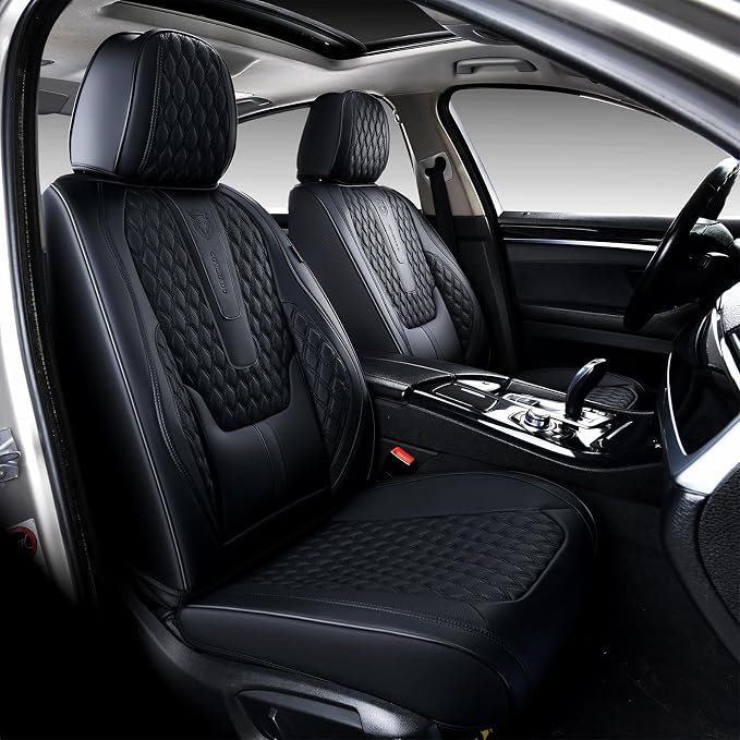 Coverado Front Seat Covers, Car Seat Covers Front Seats, Nappa Leather Seat Covers for Cars, Waterproof Seat Covers with Lumbar Support Universal Fit for Most Cars SUV Trucks (Front, Black) by COVERADOAUTO