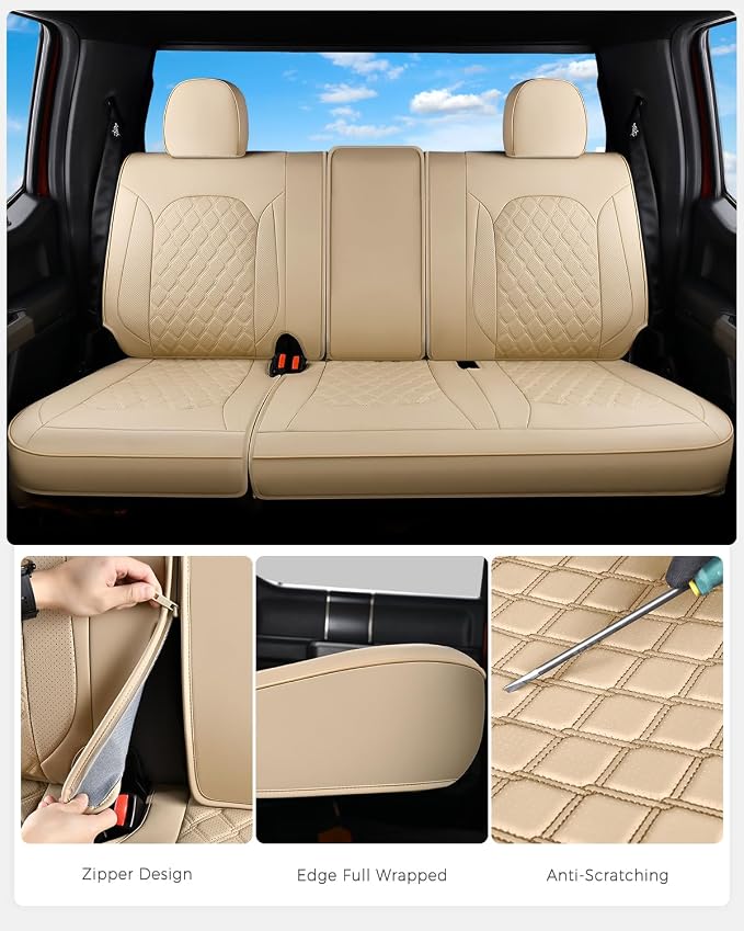 Huidasource F250 Rear Seat Covers, Beige Leather Back Seat Cushion Cover Fit for Ford F150 2015-2026&F250 F350 F450 2017-2026 Crew Cab XL XLT Lariat King Ranch Platinum, Split Rear Seat Cover - Image 5