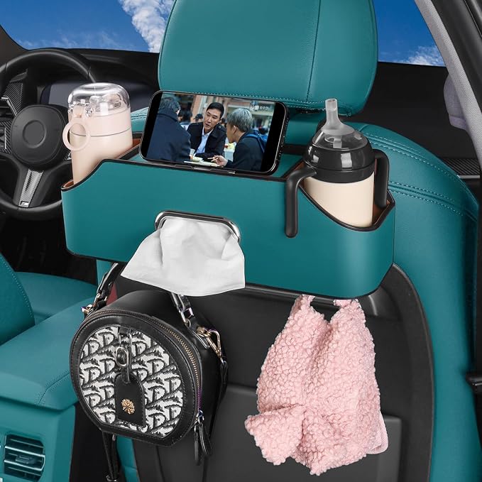 HOLDCY Car Back Seat Organizer with 2 Cup Holders, Tissue Storage, Blue | Rigid ABS Frame With Pu Leather, Dual Hooks And Tool-Free Mounting For Cars, Suvs And Trucks With Separate Headrest Posts - Image 8