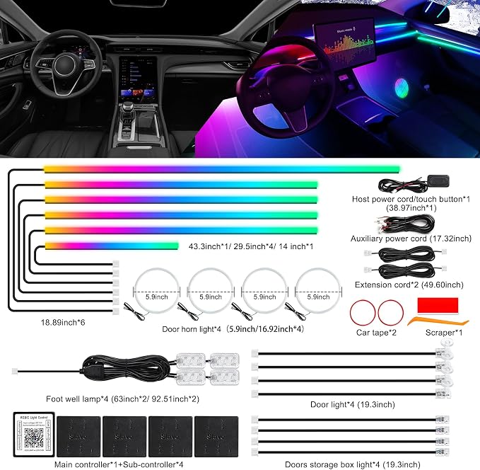 Dreamcolor Acrylic Interior Car LED Strip Light with Wireless APP, RGB 22 in 1 with 175 inches 612 LEDs Fiber Optic Strip Lights for Car, Dual Zone Music Sync Neon Car Ambient Lighting Kits - Image 3