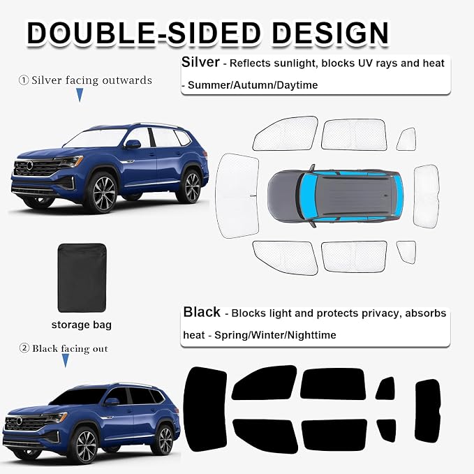 KMF 8pcs Sun Shades for Volkswagen VW Atlas (NOT Cross Sport) 2018-2025 2026 Accessories, Thicken Full Car Window Covers Sunshade for Windshield Side Rear, UV Block and Privacy for Camping Outdoor - Image 5