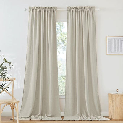 RYB HOME Flax Linen Textured Curtains Semi Sheer Curtains & Drapes Tightly Woven UV Rays Protected Drapery for Room Divider, Party, Lobby Sliding Door, 52 Wide by 120 inch Long, 2 Panels Set, Angora by RYBHOME