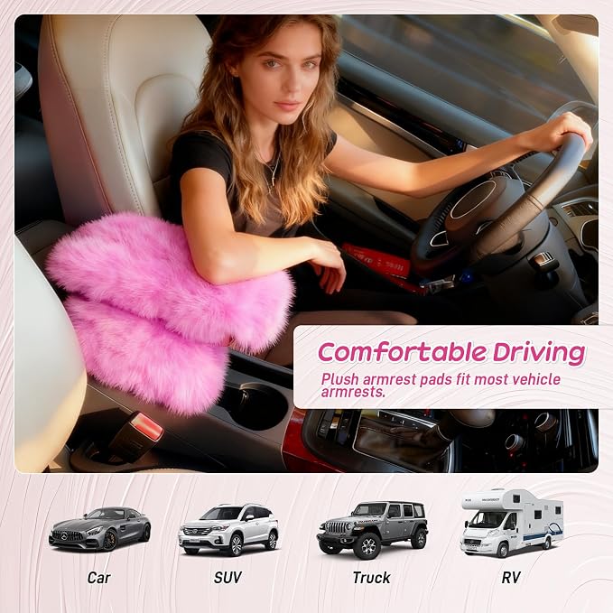 Fluffy Car Armrest Cover with Side Pockets – Plush Fuzzy Fur Center Console Armrest Cushion Pad, Universal Winter Car Interior Protector, Soft Arm Rest Cover with Storage for Women & Men (PINK) - Image 6