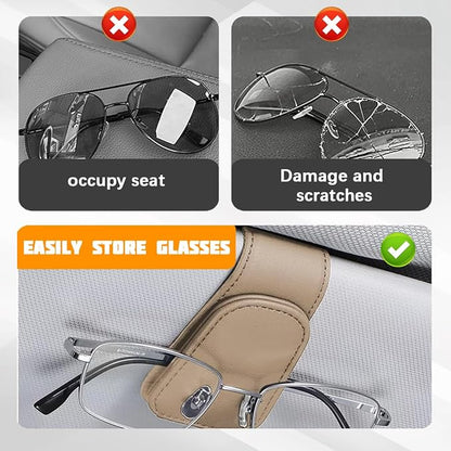 Sunglasses Holder for Car Visor, Microfiber Leather Magnetic Sun Visor Eyeglasses Hanger & Ticket Card Clip, Multi-Function Automotive Interior Glasses Mount, Universal Fit (Beige) - Image 5