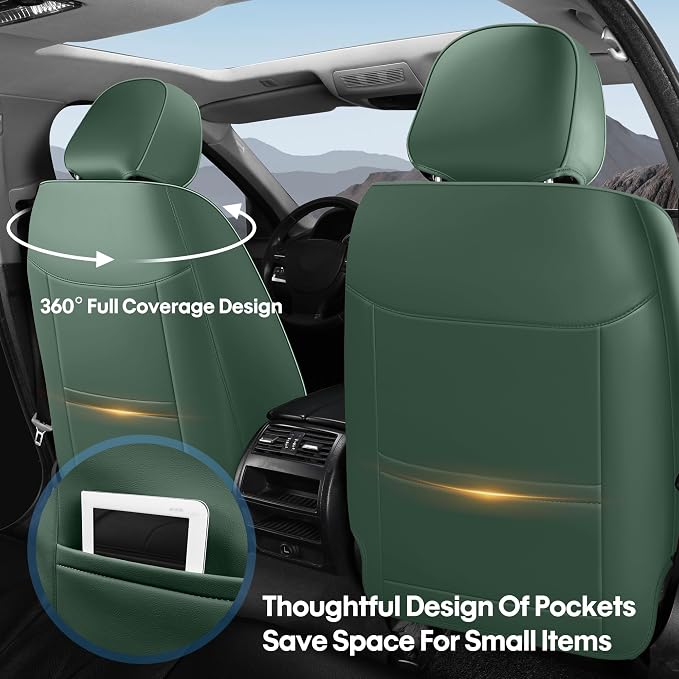 Car Seat Covers Custom Fit for Ford F150 2009-2026,Faux Leather Seat Cover Set for 2017-2026 F250 F350 F450, Accomodating Regular Cab Super Cab Super Crew Pickup Truck Cushions(BlackGreen,Full Set) - Image 2