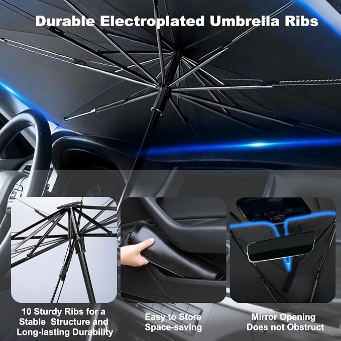 Windshield Sun Shade Umbrella Vinyl Titanium Silver Coating Heat Shield | 55 × 31.5 (in); 6 layers of thermal insulation and cooling materials; Concave umbrella reflects more heat; UV protection - Image 5