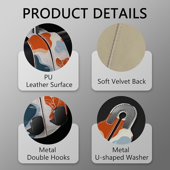 Blusabaca 2PCS Car Seat Headrest Hooks, Purses Bags Holder, Abstract Leaf | PU Leather, Double Metal Back Storage Hangers for Grocery Bags Handbags Bottles Coats Phones, Car Accessories Organization - Image 4
