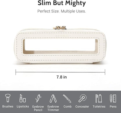 Aveniee Clear Makeup Brush Bag,Slim Cosmetic Brush Holder,Small Toiletry Bag Mini Travel Case for Women,Thin Make up Bags with Dual Zipper,Cute Travel Essentials Organizer,White - Image 3