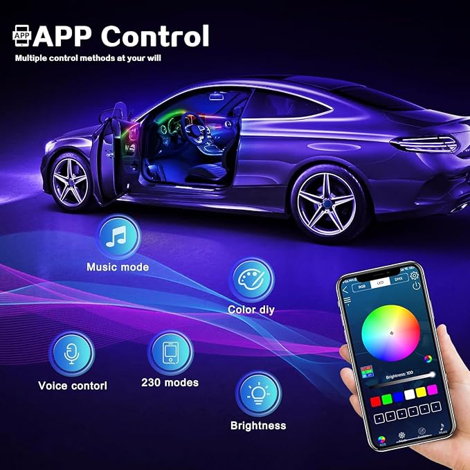 Dreamcolor Acrylic Interior Car LED Strip Light with Wireless APP, RGB 6 in 1 with 175 inches 593 LEDs Fiber Optic Strip Lights for Car, Dynamic Chasing Music Sync Neon Car Ambient Lighting Kits - Image 4