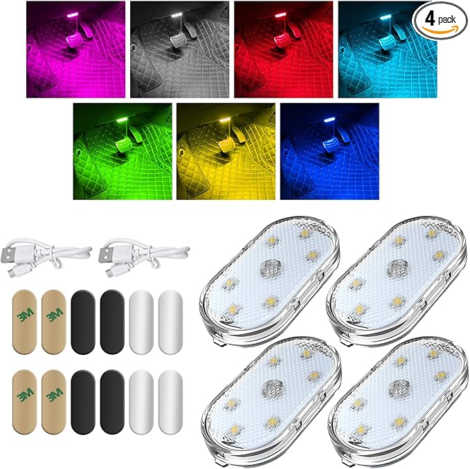 KVAEY 4 PCS Car LED Lights Interior Wireless, 7 Colors Magnetic Auto Ambient Light with 6 Bright LED Lamp Beads, Portable USB Rechargeable Vehicle Interior Led Night Light (Colorful, Magnetic, 4pcs) by KVAEY