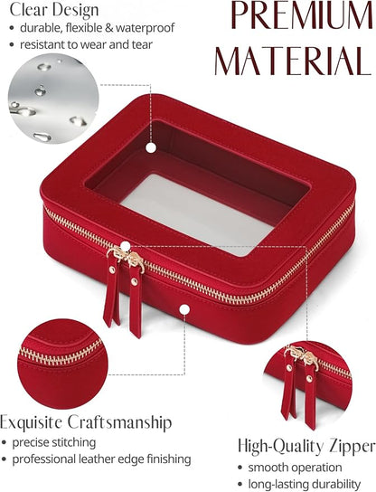 Clear Makeup Bag with Zipper, Women Travel Toilrty Bag Red Medium | Structured Clear Cosmetic Case, Car Essential Organizer Bag, Waterproof PU Leather, Dual Zipper, Wide Opening and Compact - Image 2