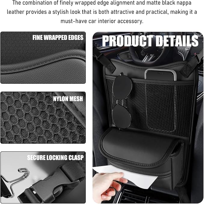 Car Organizer Storage Between Seats, Nappa Leather Front Seat Storage Bag with Tissue Holder, Automotive Console Hanging Net Pocket Handbag Holder for Phone Document (Black) - Image 4