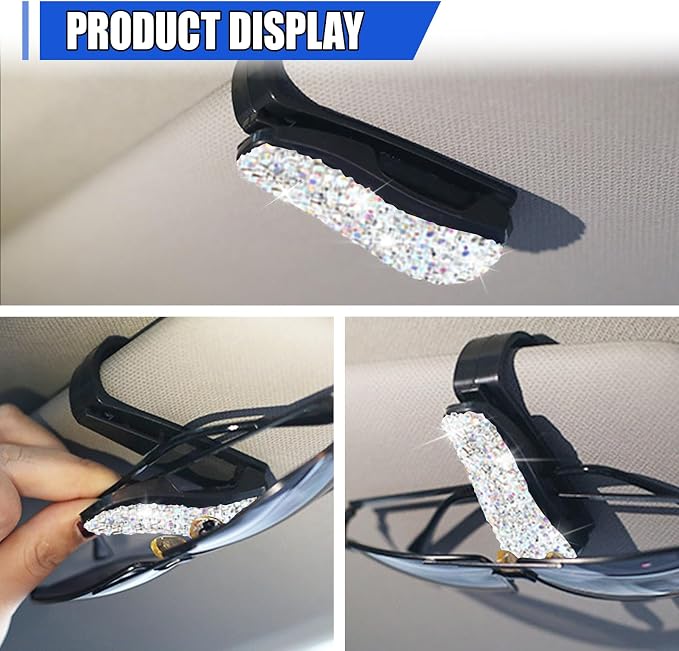 2PCS Bling Sunglass Holder for Car Sun Visor, Crystal Rhinestone Car Eyeglasses Hanger Mount with Ticket Card Clip, Fashion Auto Visor Decoration Accessories for Women Girls (White) - Image 6