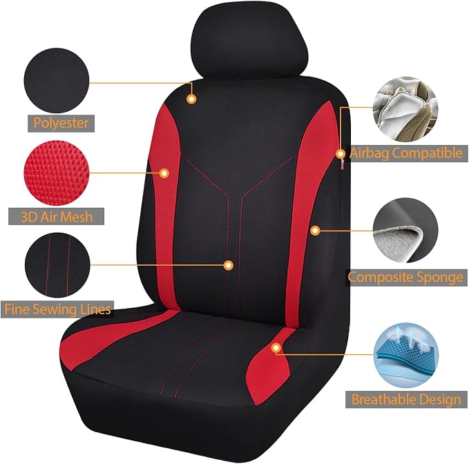 Flying Banner Car Seat Covers Front Seats and Rear Bench Mesh Fabric Rear Bench Split Polyester Cover Easy Installation SUV CAR Woman Lady Femal (Full Set, Black Red) - Image 2