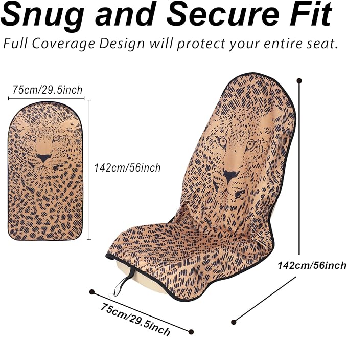 Sweat Towel Car Seat Cover Protector Front Seats for Gym Workout, Running, Swimming, Beach and Hiking, Waterproof Universal Seat Cover for Car, Trucks, Van & SUV (1, Leopard Head, Front) - Image 2