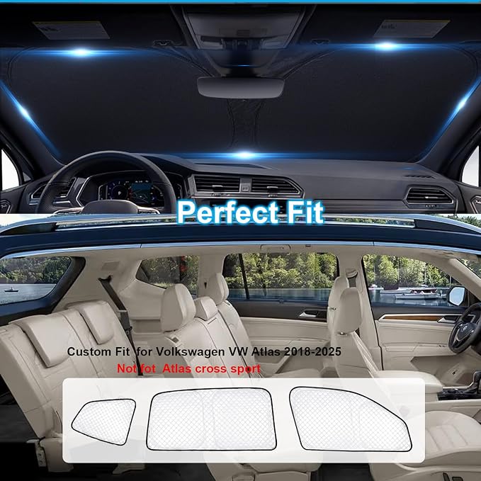 KMF 8pcs Sun Shades for Volkswagen VW Atlas (NOT Cross Sport) 2018-2025 2026 Accessories, Thicken Full Car Window Covers Sunshade for Windshield Side Rear, UV Block and Privacy for Camping Outdoor - Image 6