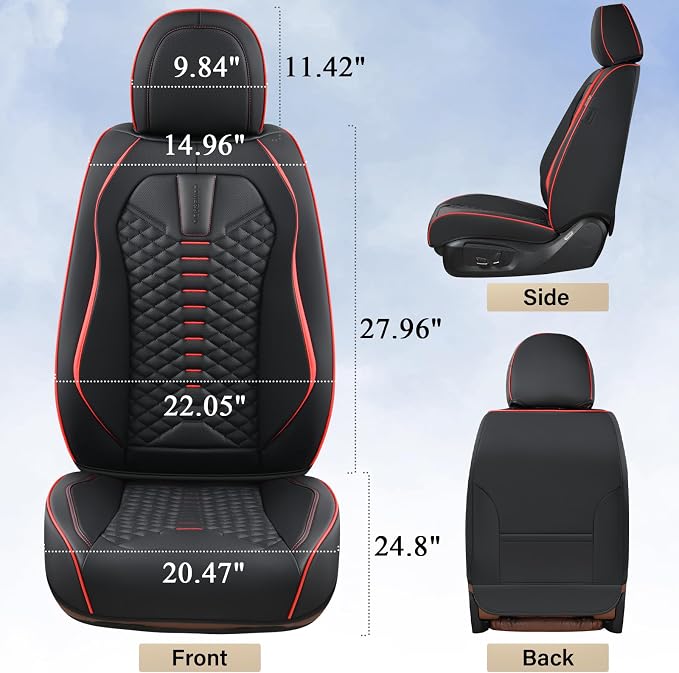 Coverado Car Seat Covers, Front Seat Cover, Waterproof Nappa Leather Seat Covers for Cars, 2 Pack Car Seat Protectors, Driver Seat Cover, Automotive Seat Covers Universal Fit for Most Cars, Black&Red - Image 5