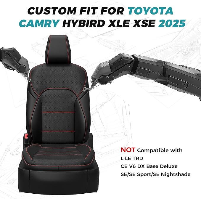 Custom Fit Seat Covers for Toyota Camry 2025 2026 Hybrid, BlackRed | Only Fit for Camry XLE/XSE 2025-2026 , Full Coverage, Faux Leather, Protective, Scratch-resistant, Easy-clean - Image 7