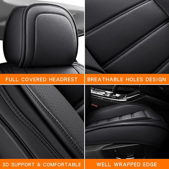 MINGBRON Black Car Seat Cover with Lumbar Support, Car Seat Protector Waterproof, Nappa Leather Car Seat Cushion, Car Seat Covers Front Seats and Back Fit for Most Cars - Image 6