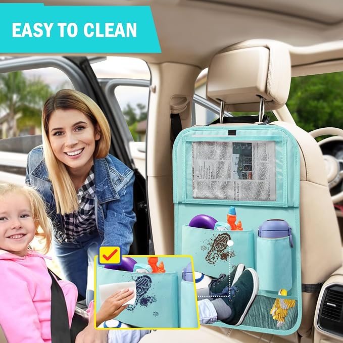 2Pack Car Backseat Organizer with Foldable Table Tray,6 Storage Pockets Car Storage Organizer with Tablet Holder,Car Seat Back Protectors Kick Mats Travel Accessories Blue - Image 6