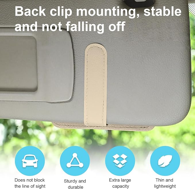 Dickno Small Leather Car Sun Visor Organizer, Multifunctional Auto Visor Document Holder with Sunglasses Clip, Universal Car Interior Organizer for Drving License, Card, Pen (Beige) - Image 5