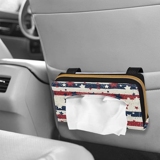 Biyejit 2 Pack Car Tissue Holder, USA Star Stripe Hanging Napkin Case, PU Leather Tissue Box for Car Sun Visor, Backseat for 4th of July Car Decor - Image 4
