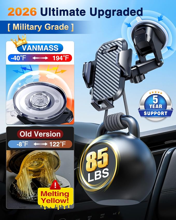 VANMASS Car Phone Holder 2026 Ultimate Military-Grade Strongest Suction & Clip Windshield Dashboard【Newest Best Strongest】Cell Phone Shower & Wall Mounts for iPhone 17 Pro Max 16 15 14 13 Android - Image 4