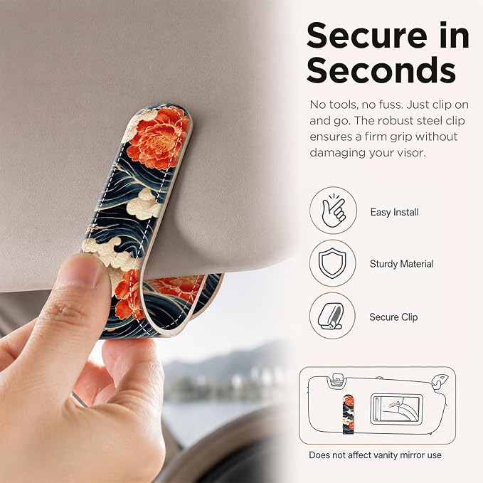 Sunglasses Holder for Car Visor, PU Leather Glasses Clip Organizer, Cute Magnetic Eyeglass Holder for Vehicle Sun Visor, Car Interior Accessory for Women & Men, Flower Wave - Image 4