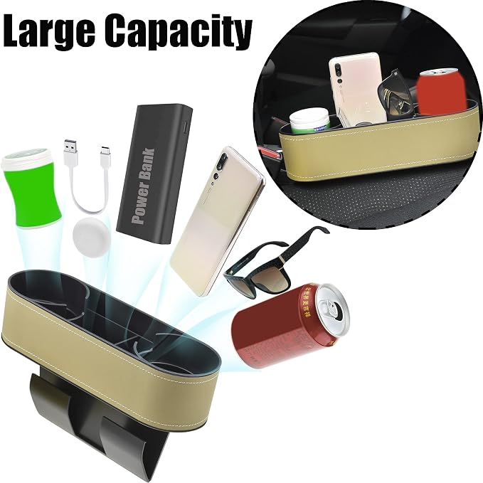 IOKONE Console Side Pocket, Cup Holder for Car, Easy Install, Slim Beige | PU Leather Cover, Dual Cup Holders, Car Seat Gap Filler Organizer, Side Pocket Storage, Universal Fit, Car Coin Holder - Image 5