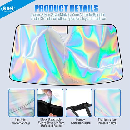 KDM Laser Silver Style Windshield Sun Shade for 2010-2023 Toyo-ta 4Runner | Foldable Front Reflective Windows Sunshade Visor Protector Blocks UV Rays Heat - Image 5