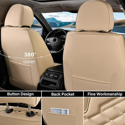 Coverado Car Seat Covers Full Set, Waterproof Nappa Leather Seat Covers for Cars, Universal 5 Seats Car Seat Covers, Front and Back Car Seat Protector, Auto Seat Covers Fit for Most Cars, Beige - Image 2