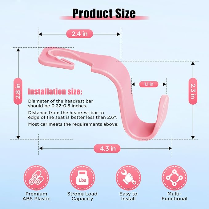 Amooca Car Seat Headrest Hooks 4-Pack Storage Organizer Holds 55 lbs | Universal Fit Most Car/SUV/Truck, Anti-drop, Hanger for Backpack Umbrella Water Bottle Coat Purses Handbags Groceries, Pink - Image 6