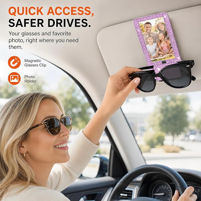 2-in-1 Car Visor Sunglasses & Photo Holder, Magnetic PU Leather Glasses Clip with Picture Display Slot, Universal Sun Visor Organizer for Eyeglasses, Personalized Cards & Memories, Lavender Glitter - Image 2