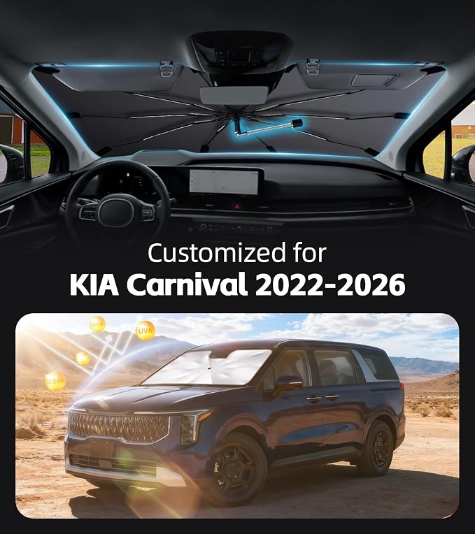 Windshield Sun Shade for Kia Carnival 2022-2026 with 360° Rotating Shaft | Custom Fit Umbrella Sunshade for UV Blocking, Interior Heat Protection, Easy Storage, UPF 50+ Cool Windshield Cover - Image 2