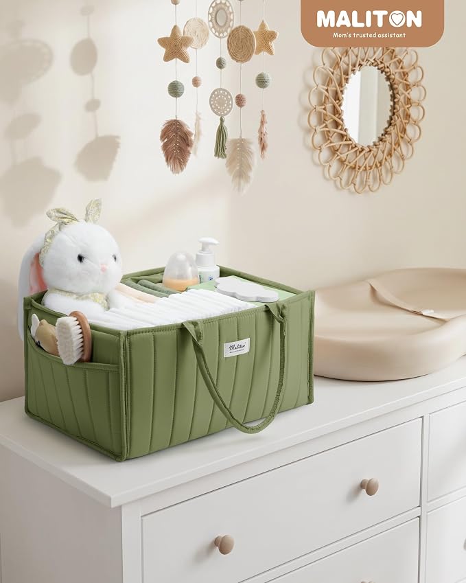 Maliton Baby Diaper Caddy Organizer for Changing Table, Green | Portable Car Diaper Organizer Caddy with 2 Side Pockets - Versatile Storage Basket for Wipes and Baby Essentials - Image 8