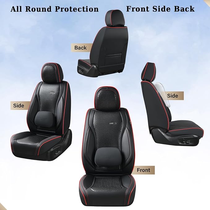 Coverado Seat Covers, Car Seat Covers Front Seats, Waterproof Nappa Leather Auto Seat Cover with Lumbar Head Pillow, Black Redline Seat Covers Carseat Cover Universal Fit for Most Cars - Image 4