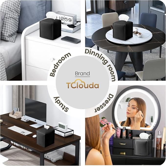 Tissue Box Cover, Tclouda, Modern PU Leather Square Tissue Box Holder for Creative Decorative, 2 Pack, Ideal for Bathrooms/Office/Car/Nightstand/Outdoor Tent/Dining Table, 5"X5"X5", Double Black - Image 4