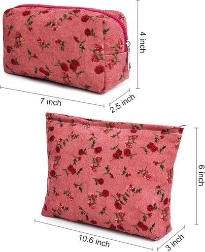 SOIDRAM 2 Pieces Rose Makeup Bag Large Cosmetic Bag Capacity Canvas Mix Travel Toiletry Bag Organizer Cute Makeup Brushes Aesthetic Accessories Storage Bag for Women, Rose Mix Green Red - Image 2