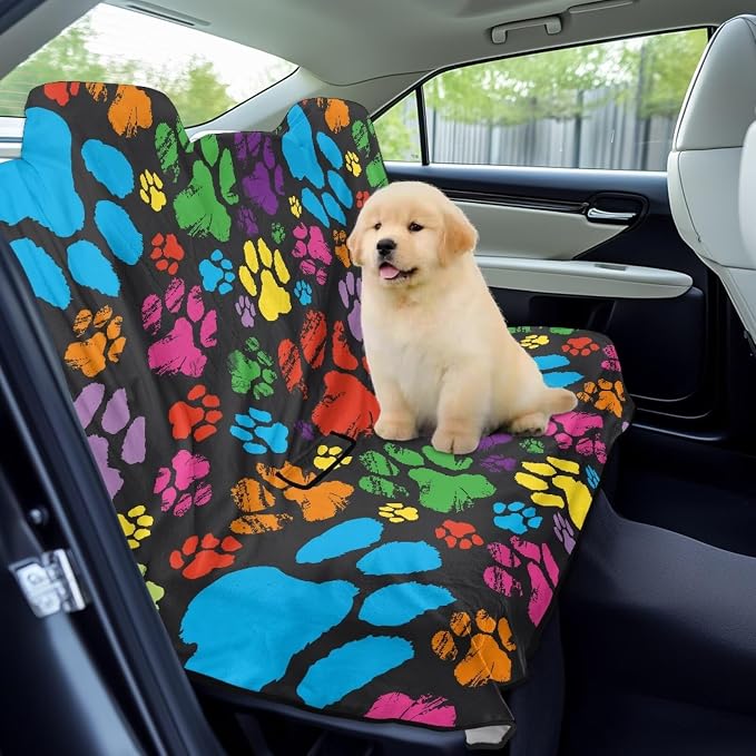 Coorful Dog Paw Pattern Rear Car Seat Cover Waterproof Bench Seats Protector for Most Vehicles Cars Truck SUV, Universal Automotive Backseat Protector with Anti Slip Back - Image 3