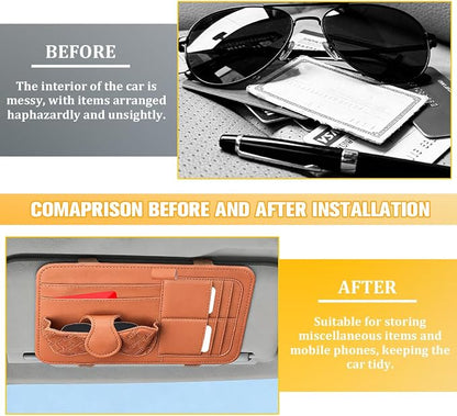 Car Sun Visor Organizer, Multifunctional Visor Storage Pouch with Sunglasses Holder & Card Sleeve Pocket, Auto Interior Organizer Pocket Bag for Pens Cards Documents, Universal Fit (Brown) - Image 6