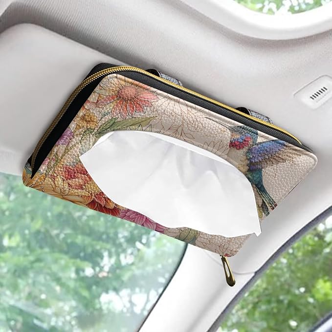 Biyejit Car Tissue Holder, Hummingbirds Flowers Sun Visor Napkin Holder, Car Visor Tissue Holder, PU Leather Backseat Tissue case Holder for car, Vehicle - Image 2