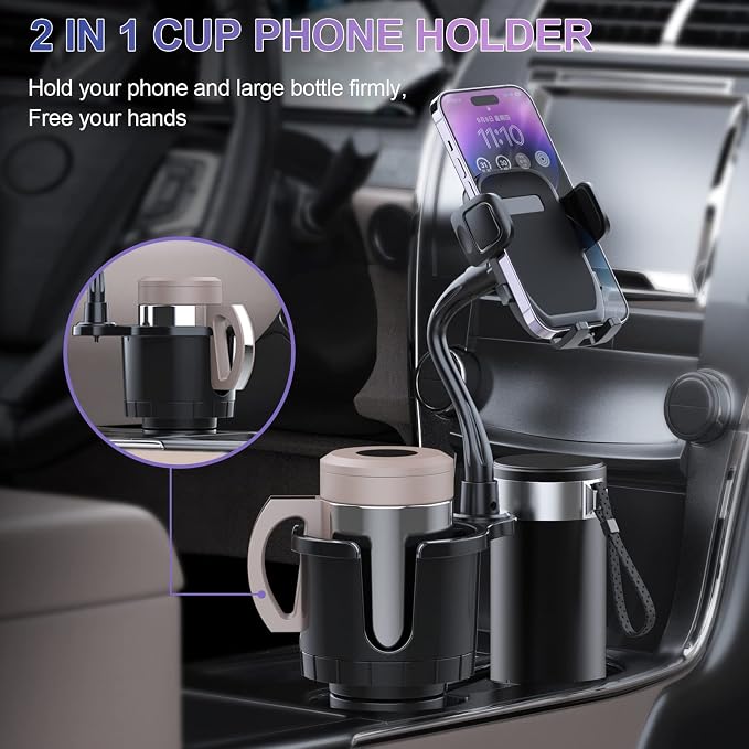 JINKEY Cup Holder Phone Mount, 360°Rotation Gooseneck Car Cup Holder Expander with Cell Phone Holder with Adjustable Base Phone Cup Holder for Car Compatible with iPhone & All Smartphones - Image 2