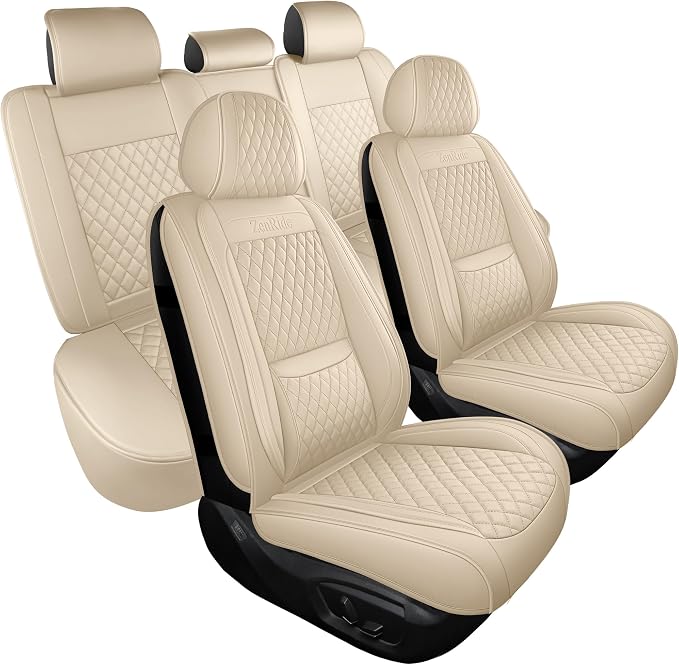 Light Beige Thick Nappa Leather Automotive Car Seat Covers Full Set | Univerasal Fit,Lumbar Support,3D Contoured,Waterproof,for most Suvs Trucks Sedans by ZenRideCarCare