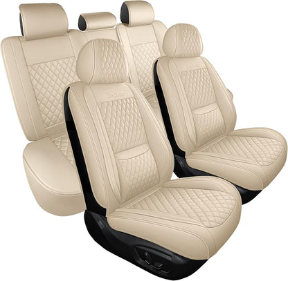 Light Beige Thick Nappa Leather Automotive Car Seat Covers Full Set | Univerasal Fit,Lumbar Support,3D Contoured,Waterproof,for most Suvs Trucks Sedans by ZenRideCarCare