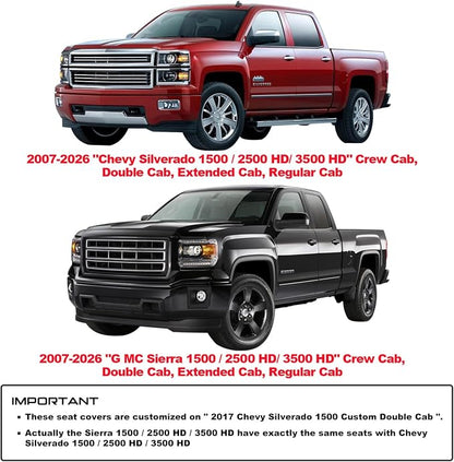 Truck Seat Covers for Chevy Silverado GMC Sierra 2007-2026 1500 | Custom Fit 2500HD 3500HD Trail Boss Z71 Pickup Crew Double Extended Cab Waterproof Leather Full Set Black-Red - Image 6